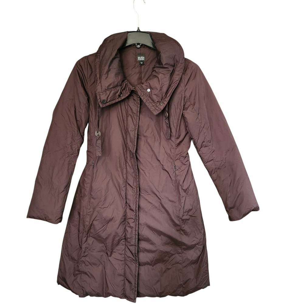 Eileen Fisher Womens Brown Puffer Coat Down Feather Shawl Collar XS